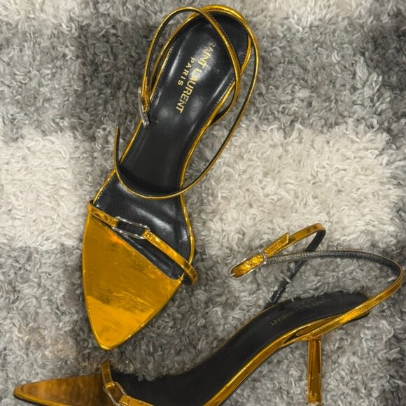AUTHENTIC Saint Laurent Metallic Kitty 75 Orange Gold Designer Pumps Size 38.5 - Picture 2 of 3